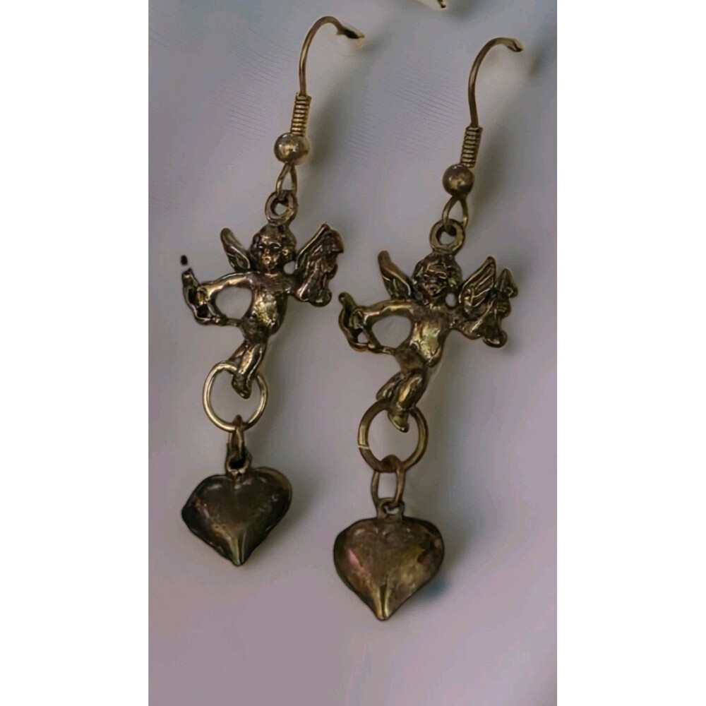 Vintage Silver Cherub Cupid Angel Puffed Heart Dangle Drop Earrings